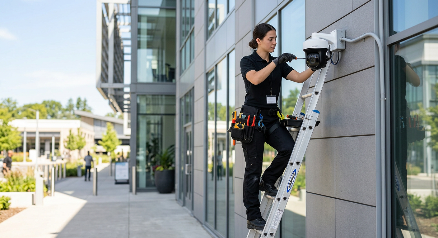 Limord technician installing a dome security camera on a building
